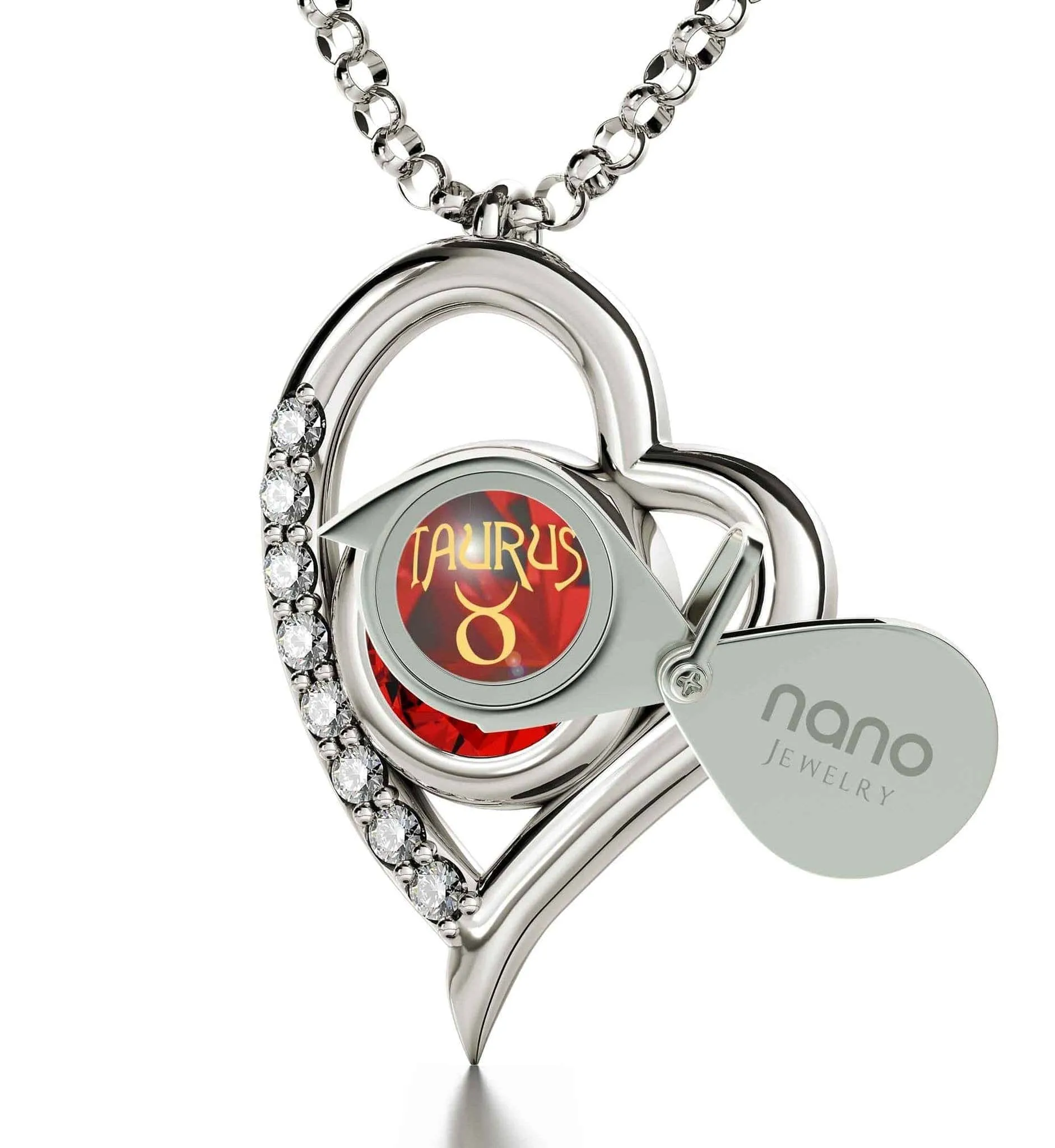 Taurus Sign, 14k White Gold Diamonds Necklace, Swarovski