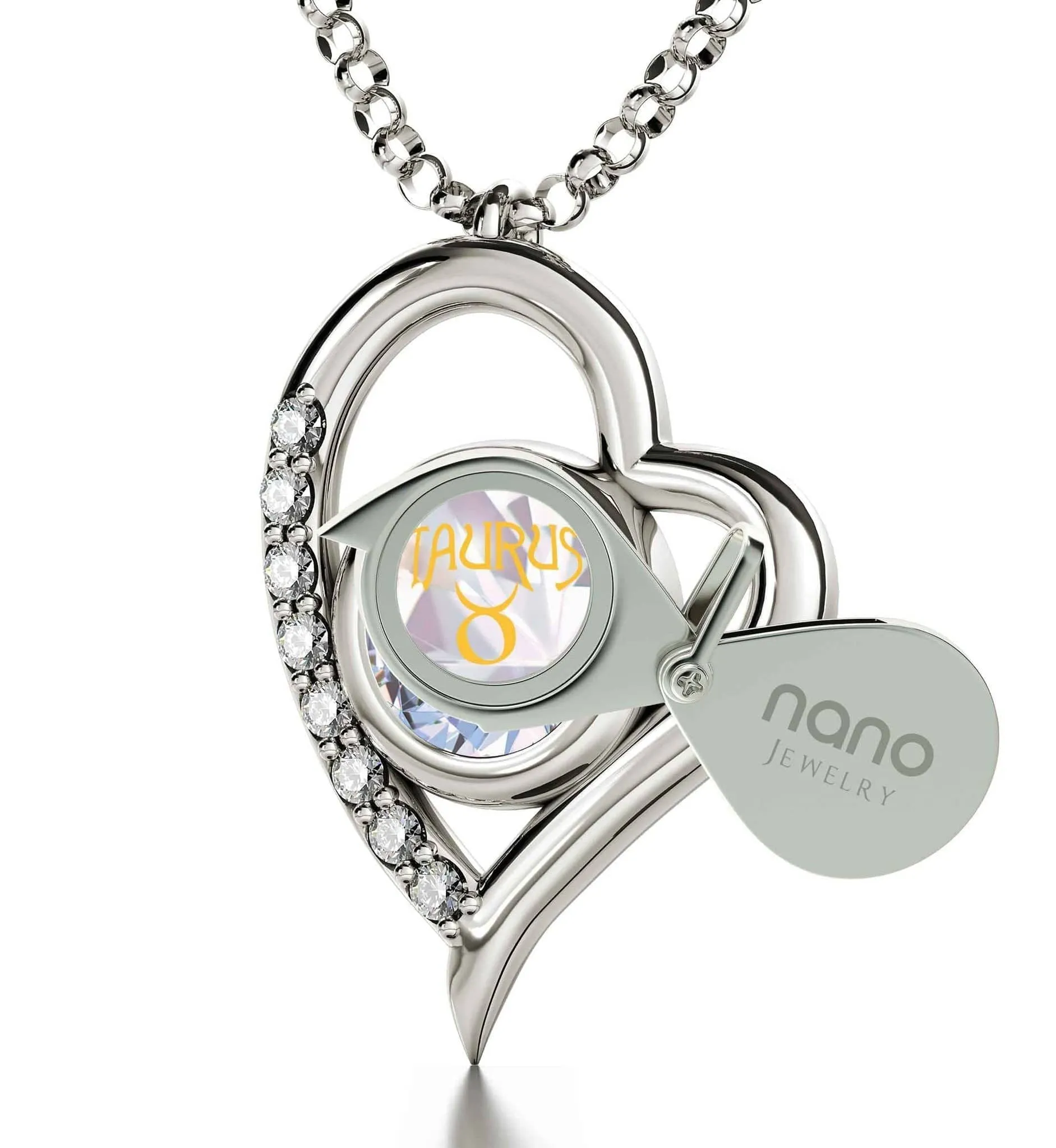 Taurus Sign, 14k White Gold Diamonds Necklace, Swarovski
