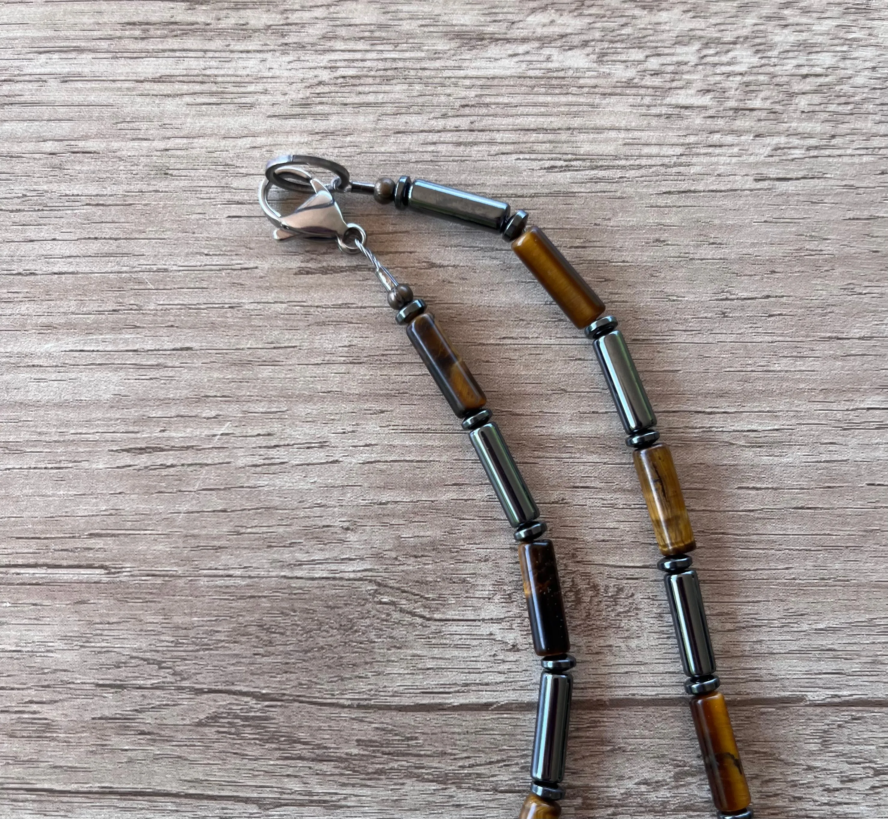 Tigers Eye Hematite Gray Brown Beaded Mens Necklace - Wyatt