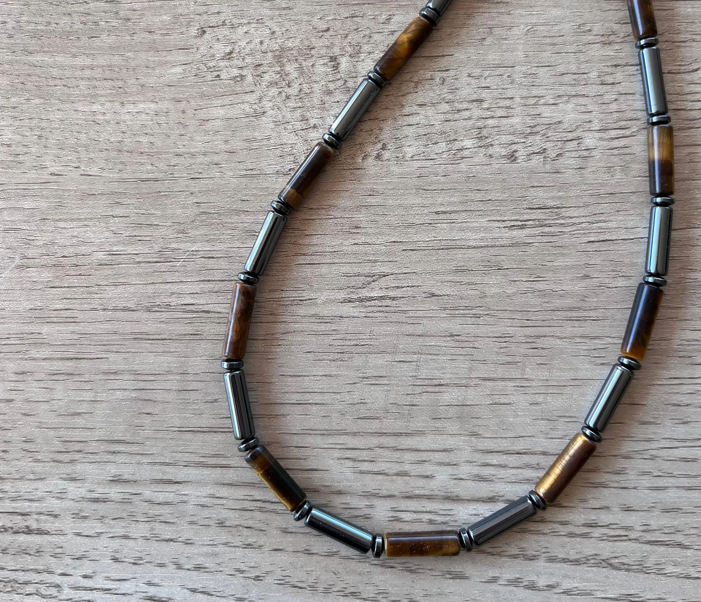 Tigers Eye Hematite Gray Brown Beaded Mens Necklace - Wyatt