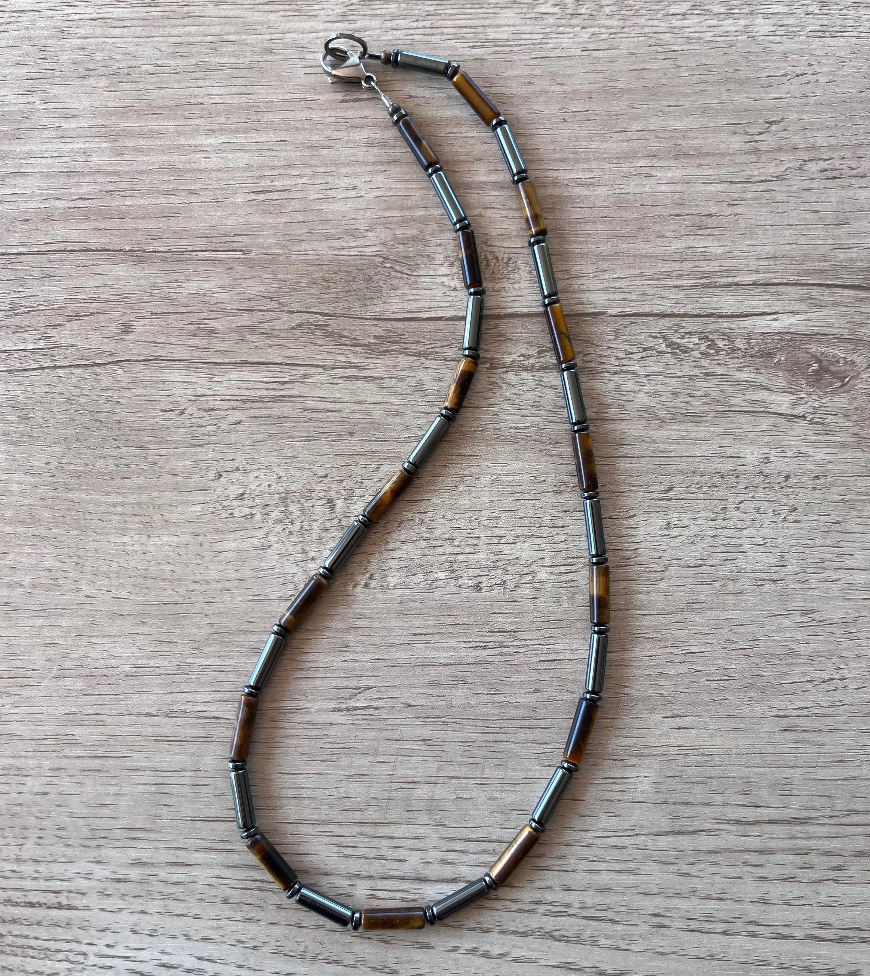 Tigers Eye Hematite Gray Brown Beaded Mens Necklace - Wyatt