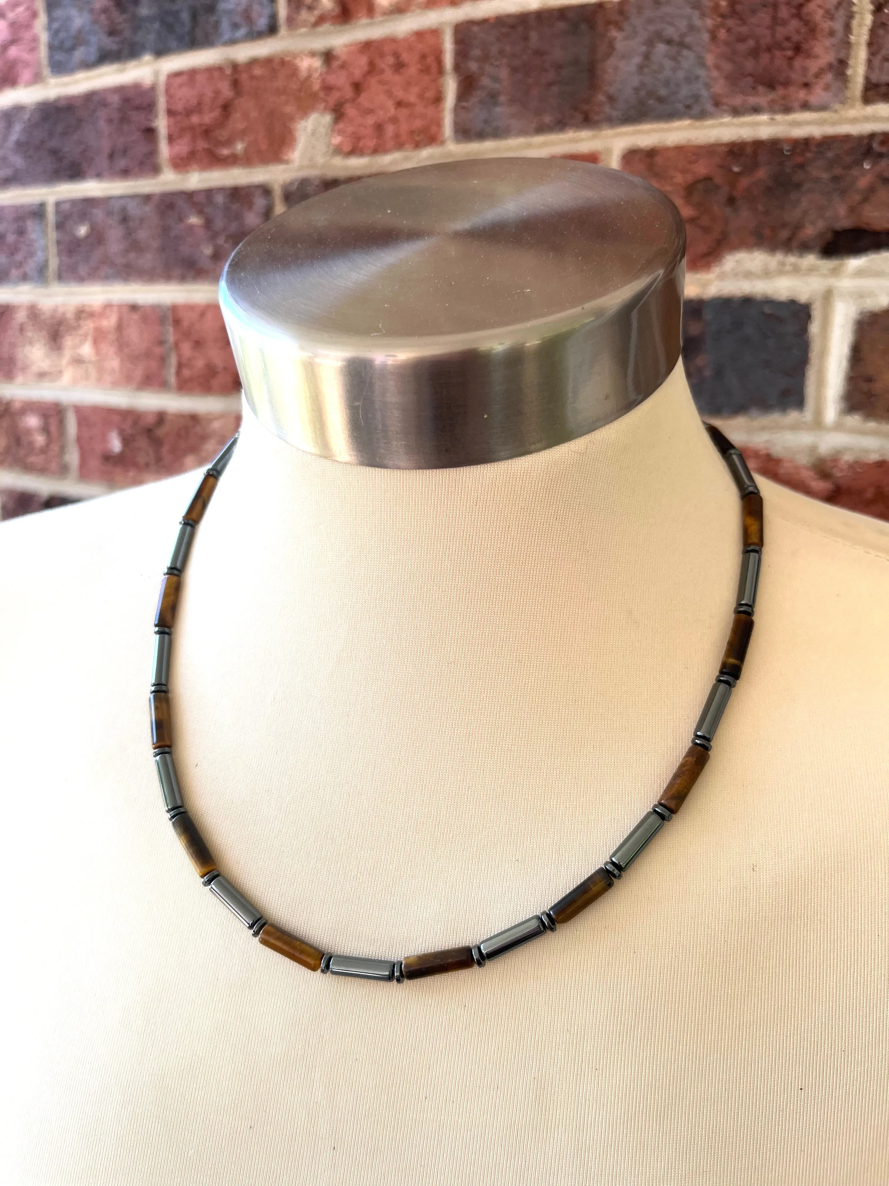 Tigers Eye Hematite Gray Brown Beaded Mens Necklace - Wyatt