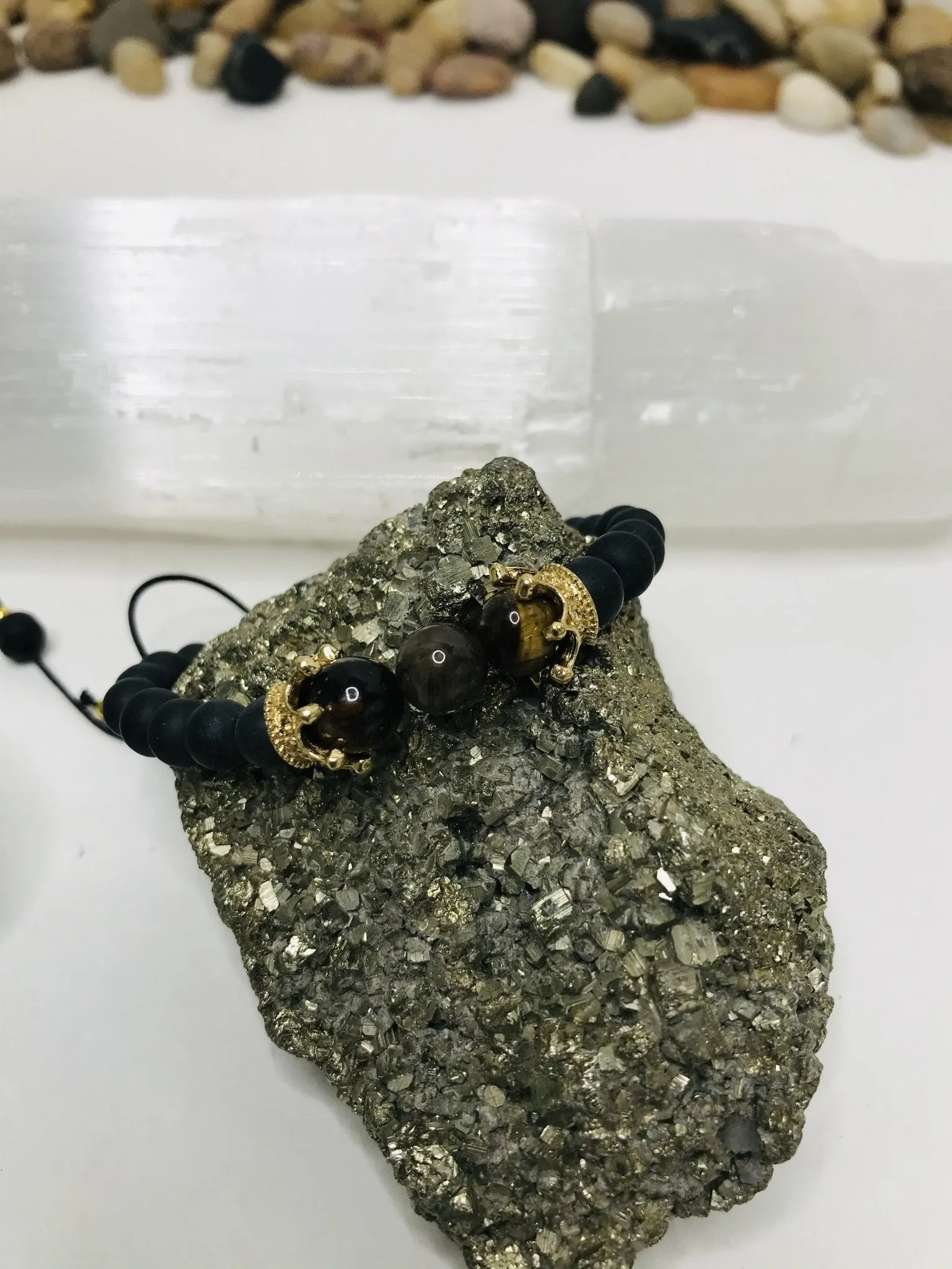Tigers Eye Macrame Black Lava Bracelet Men or Woman   Black String Macrame Adjustable  Good luck Bracelet Evil Eye Protection