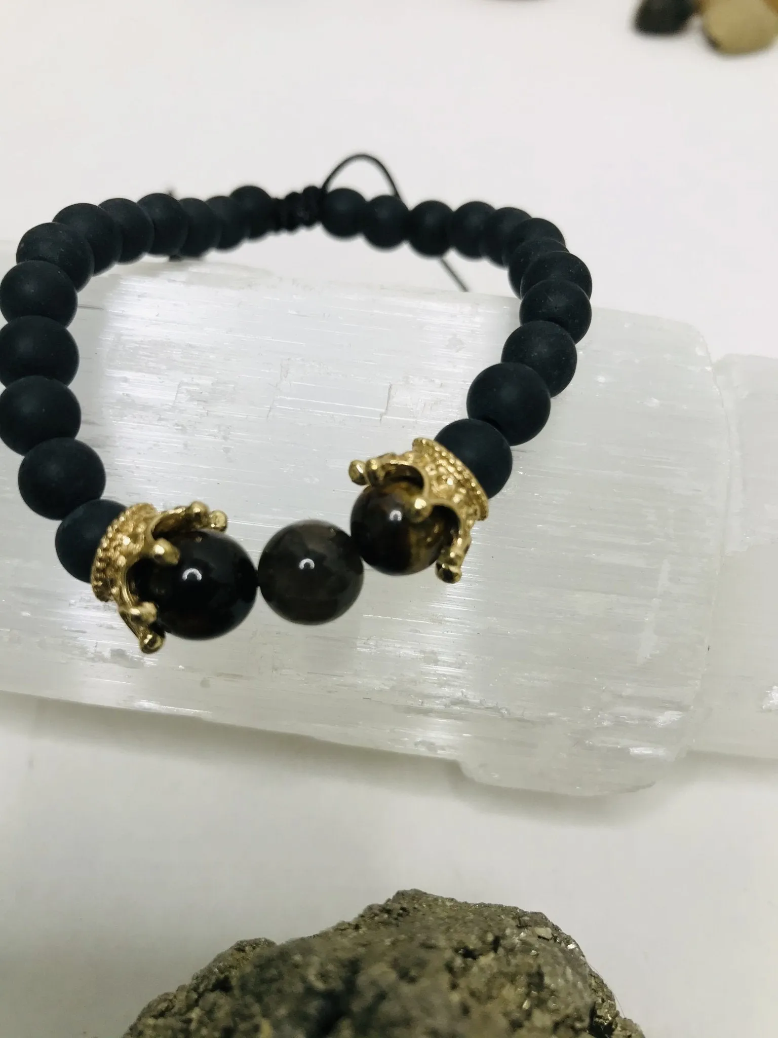 Tigers Eye Macrame Black Lava Bracelet Men or Woman   Black String Macrame Adjustable  Good luck Bracelet Evil Eye Protection