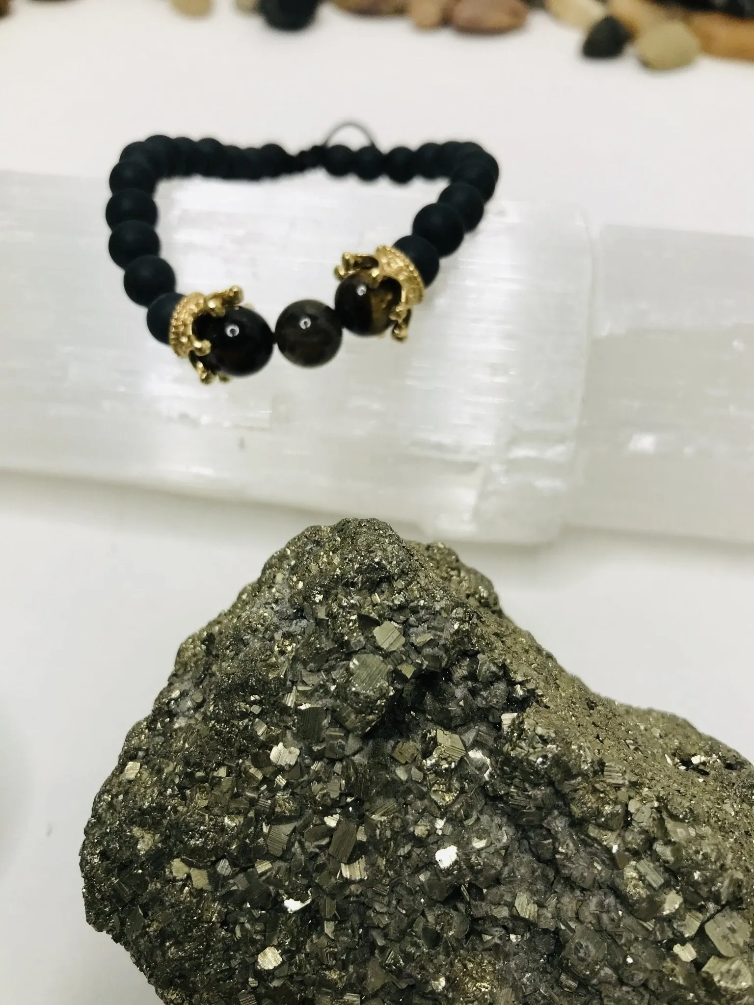 Tigers Eye Macrame Black Lava Bracelet Men or Woman   Black String Macrame Adjustable  Good luck Bracelet Evil Eye Protection