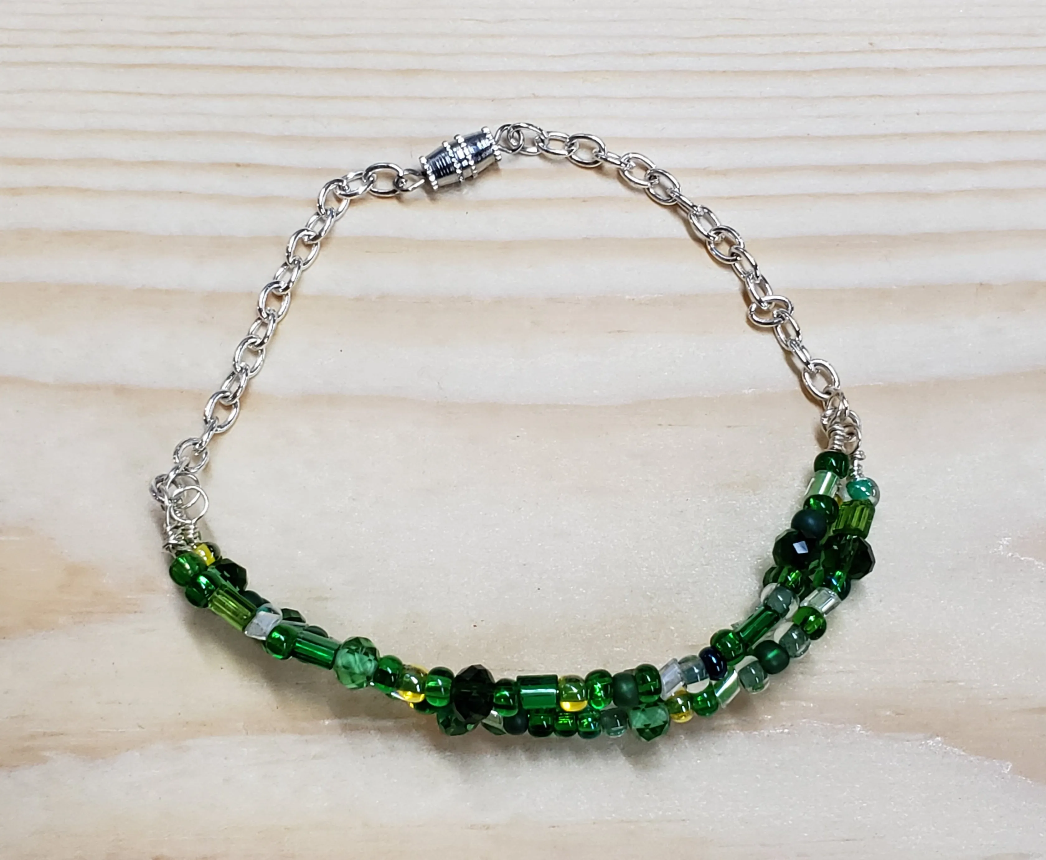 Triple Strand, Green Glass Bead Anklet with Turtle Focals and Screw Clasp