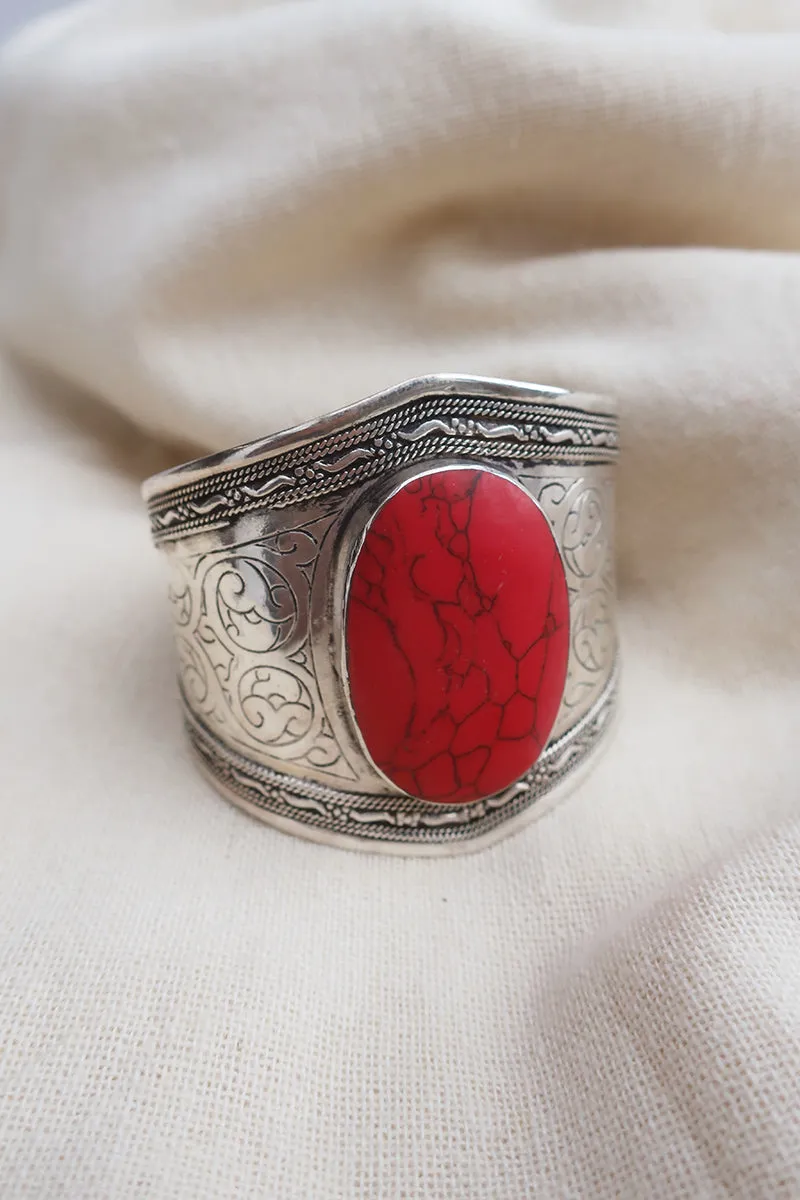 Turkish Silver Plated Brass Bangle with Reconstituted Coral