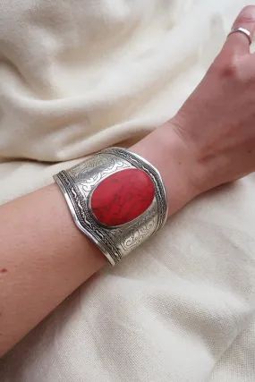 Turkish Silver Plated Brass Bangle with Reconstituted Coral