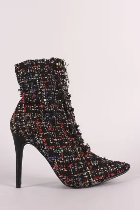 Tweed Front O-Ring Zip-Up Pointy Toe Stiletto Booties