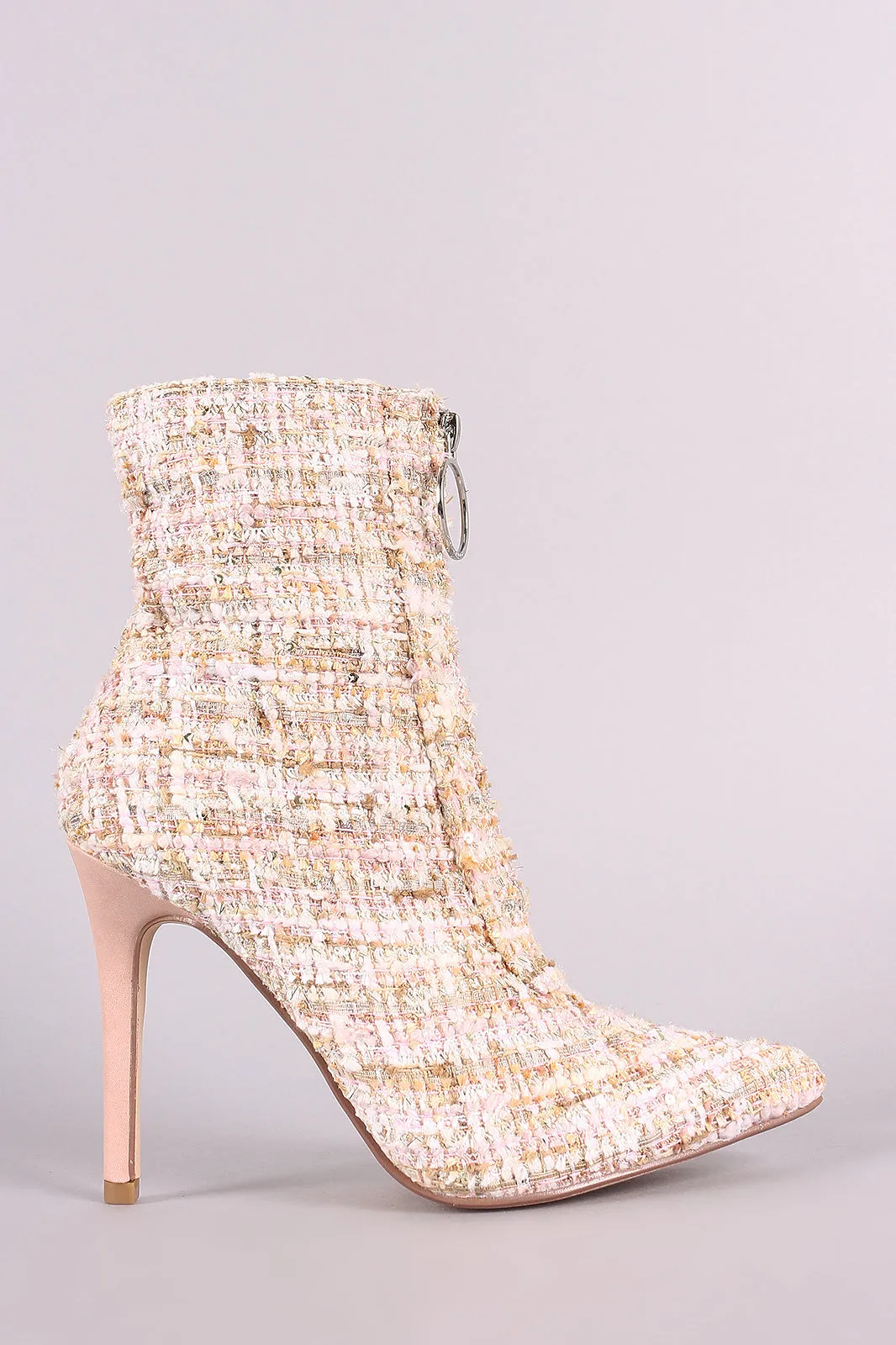 Tweed Front O-Ring Zip-Up Pointy Toe Stiletto Booties