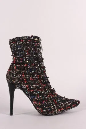 Tweed Front O-Ring Zip-Up Pointy Toe Stiletto Booties