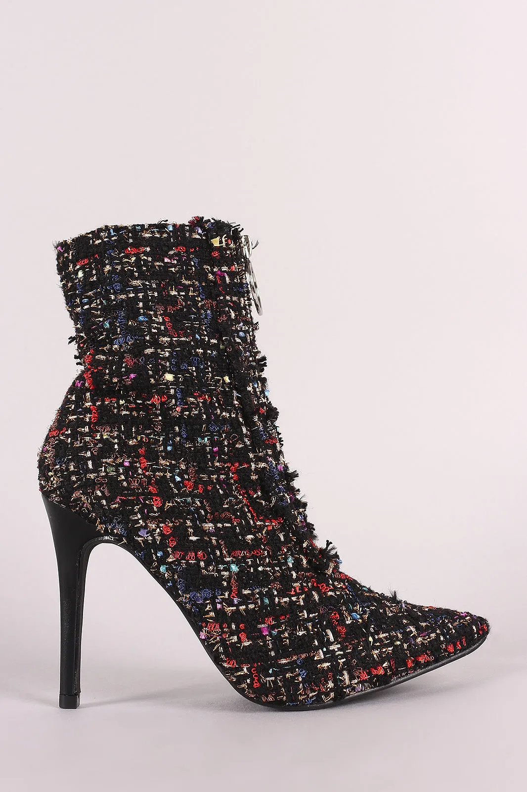 Tweed Front O-Ring Zip-Up Pointy Toe Stiletto Booties