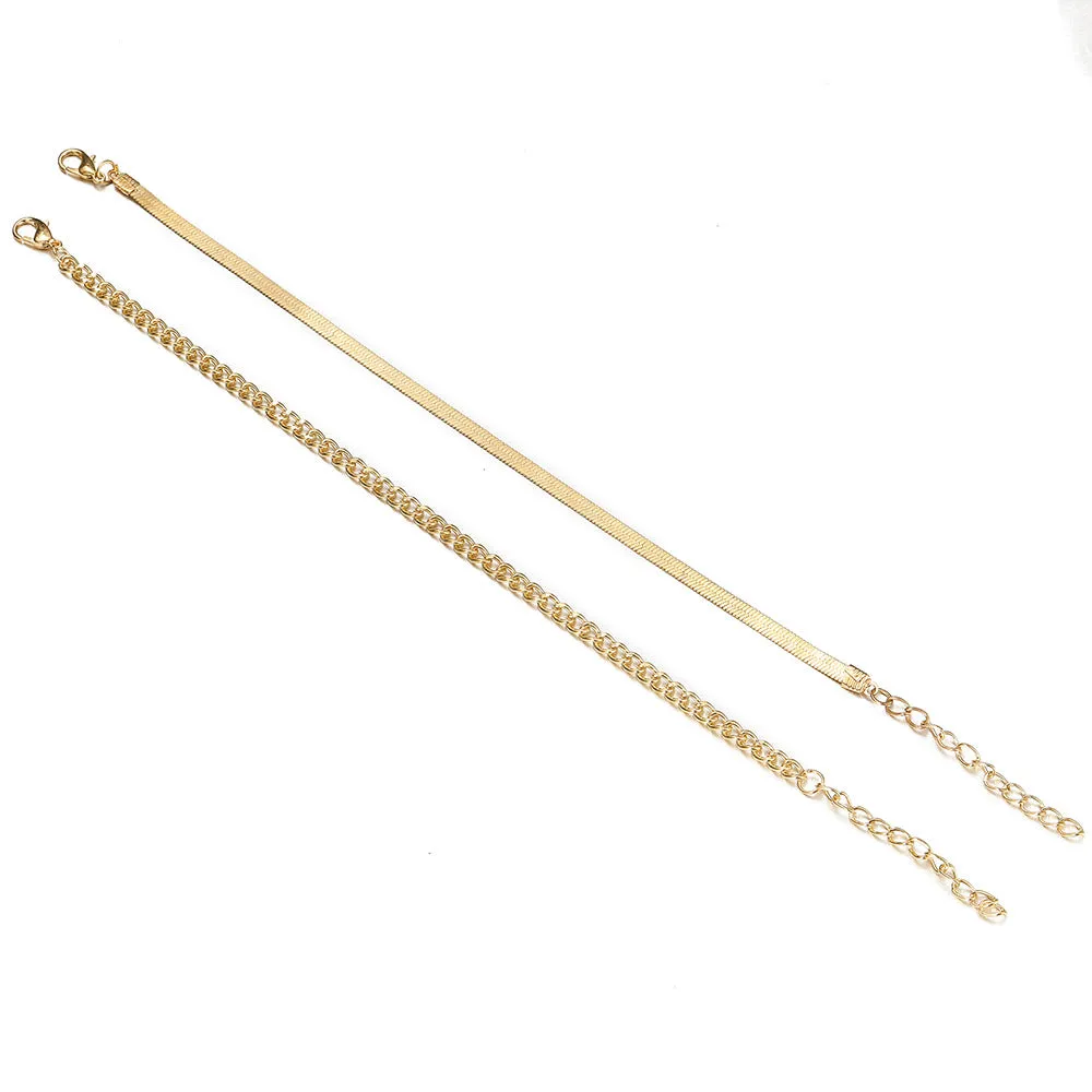 Two-Piece Flat Snake Chain Anklet Set