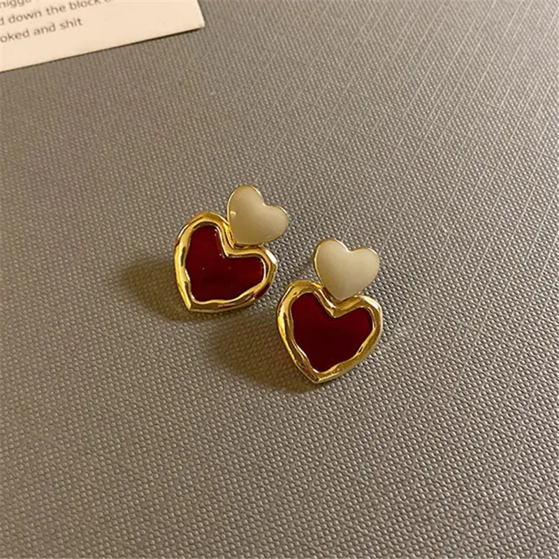 VAIGE Charming Vintage Gold Dangle Heart Earrings with Sweet Enamel and Pearl Accents - Perfect for Any Occasion