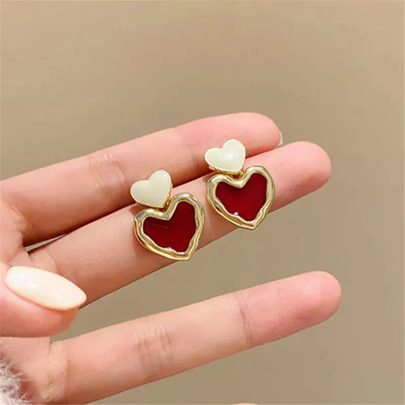 VAIGE Charming Vintage Gold Dangle Heart Earrings with Sweet Enamel and Pearl Accents - Perfect for Any Occasion