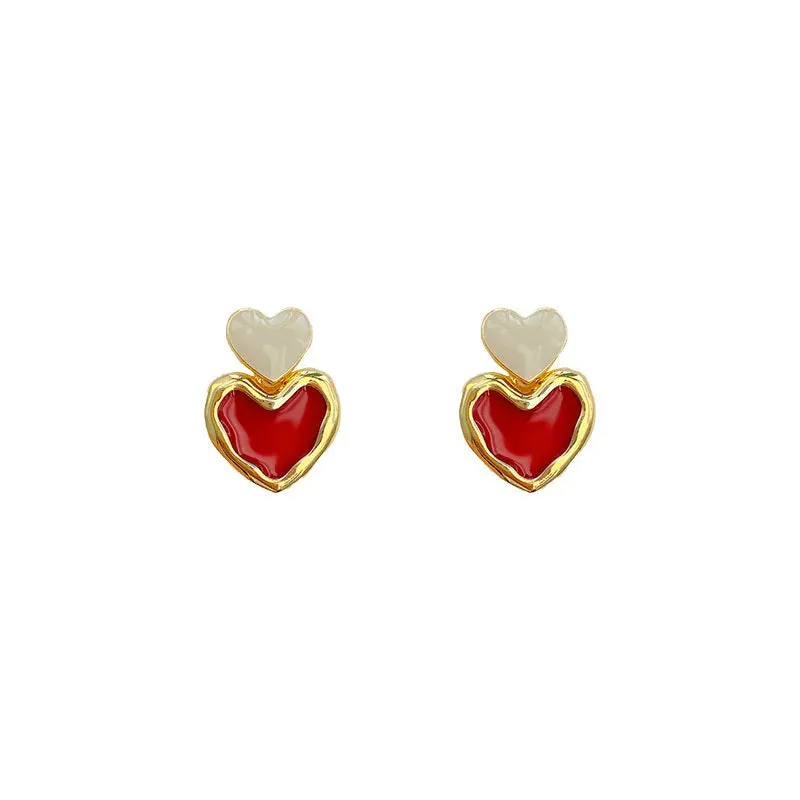 VAIGE Charming Vintage Gold Dangle Heart Earrings with Sweet Enamel and Pearl Accents - Perfect for Any Occasion