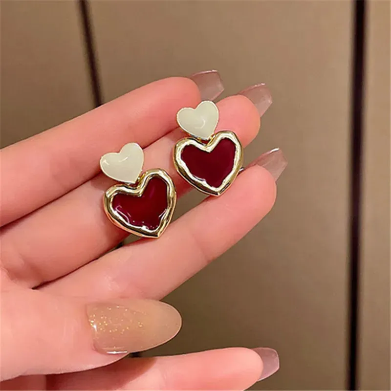 VAIGE Charming Vintage Gold Dangle Heart Earrings with Sweet Enamel and Pearl Accents - Perfect for Any Occasion