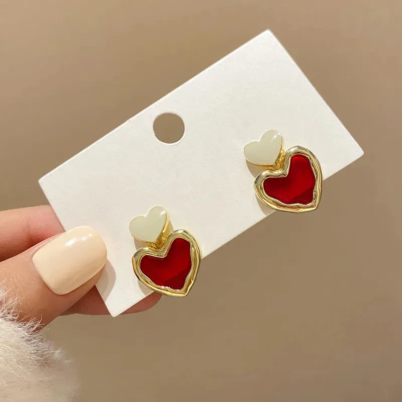 VAIGE Charming Vintage Gold Dangle Heart Earrings with Sweet Enamel and Pearl Accents - Perfect for Any Occasion