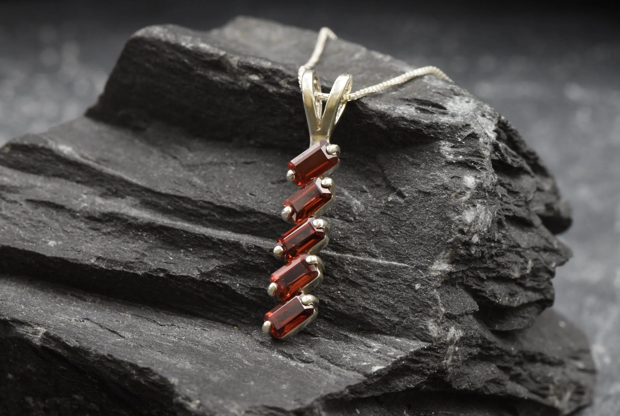 Vertical Garnet Necklace - Red Baguette Pendant - Silver Garnet Necklace