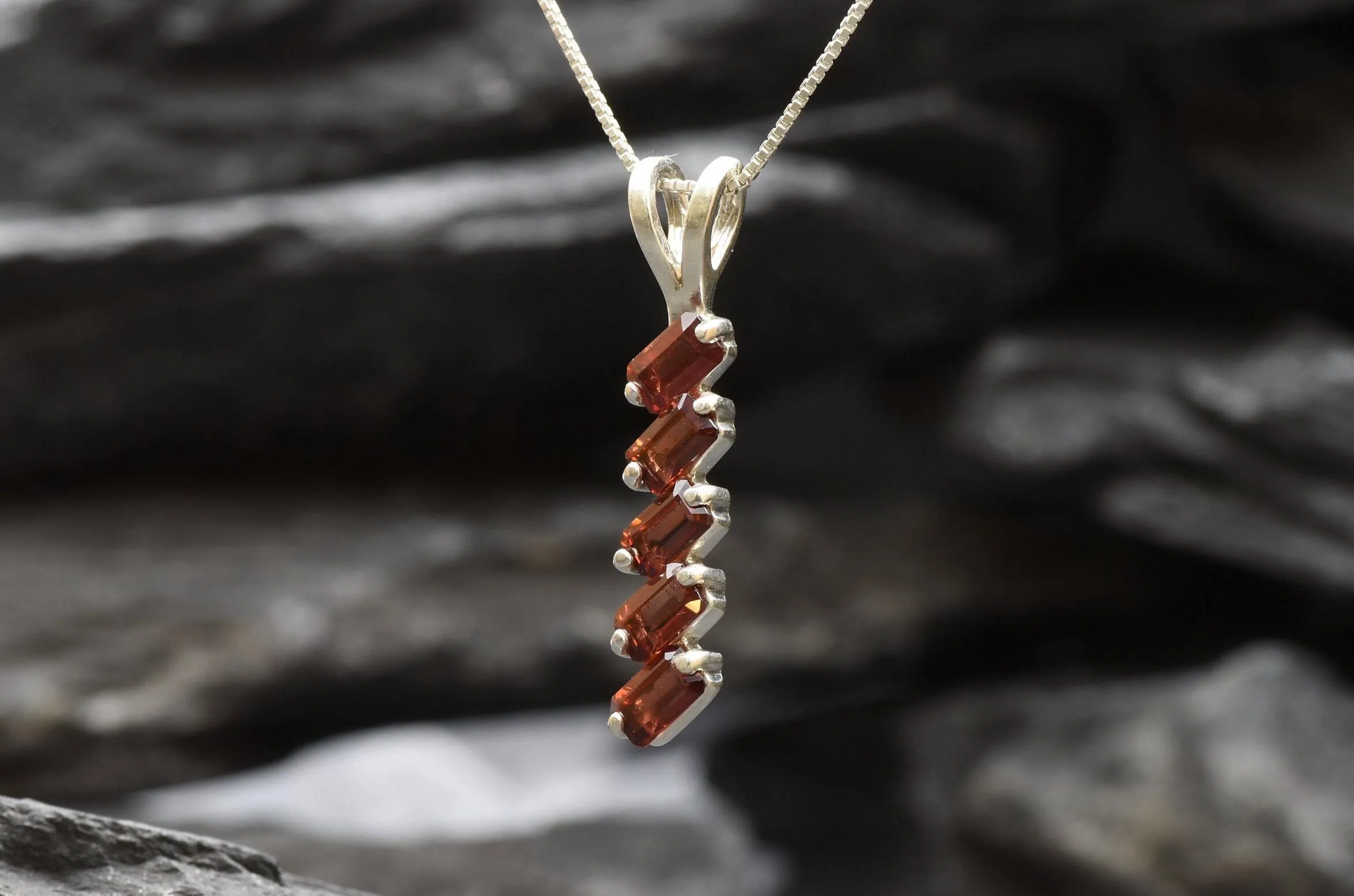 Vertical Garnet Necklace - Red Baguette Pendant - Silver Garnet Necklace