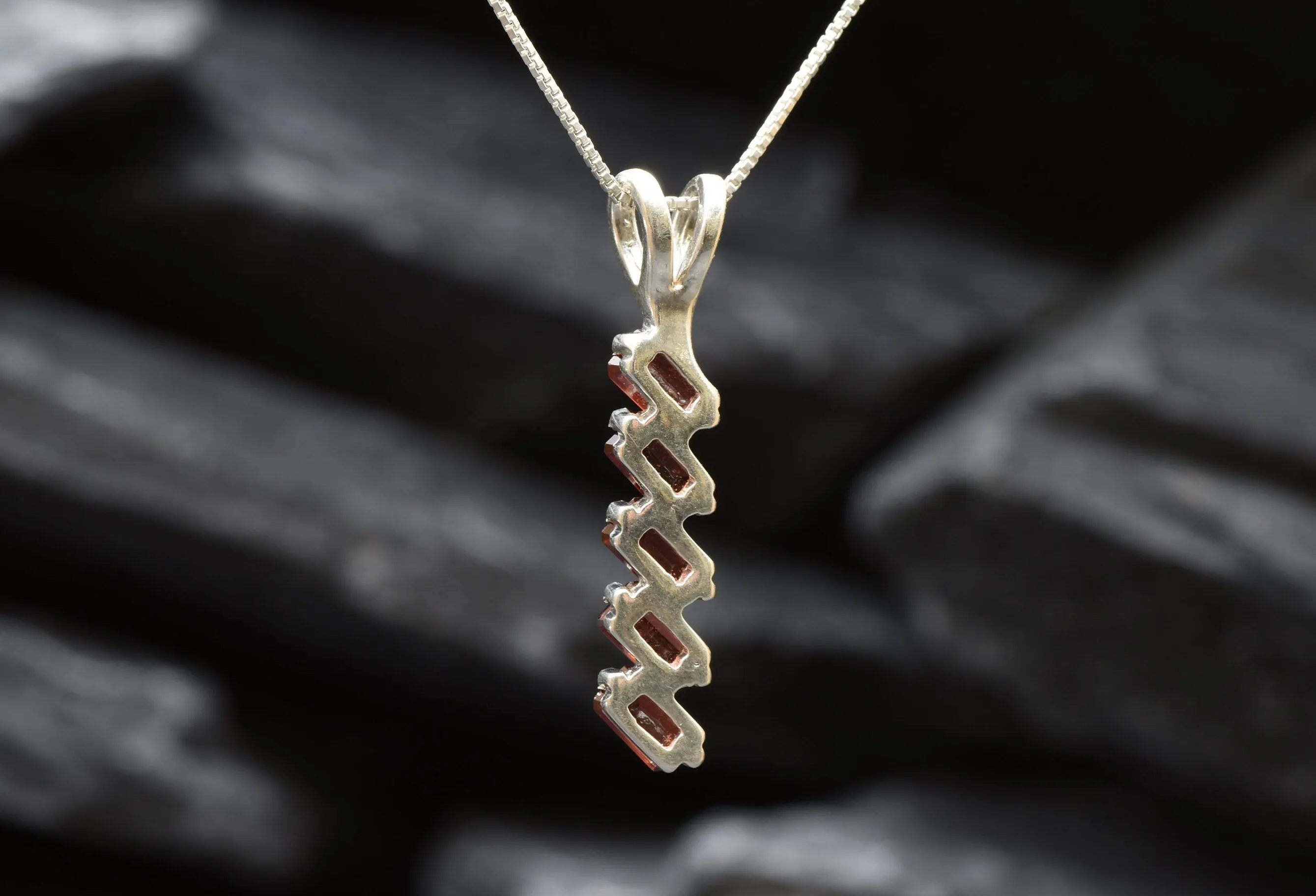 Vertical Garnet Necklace - Red Baguette Pendant - Silver Garnet Necklace