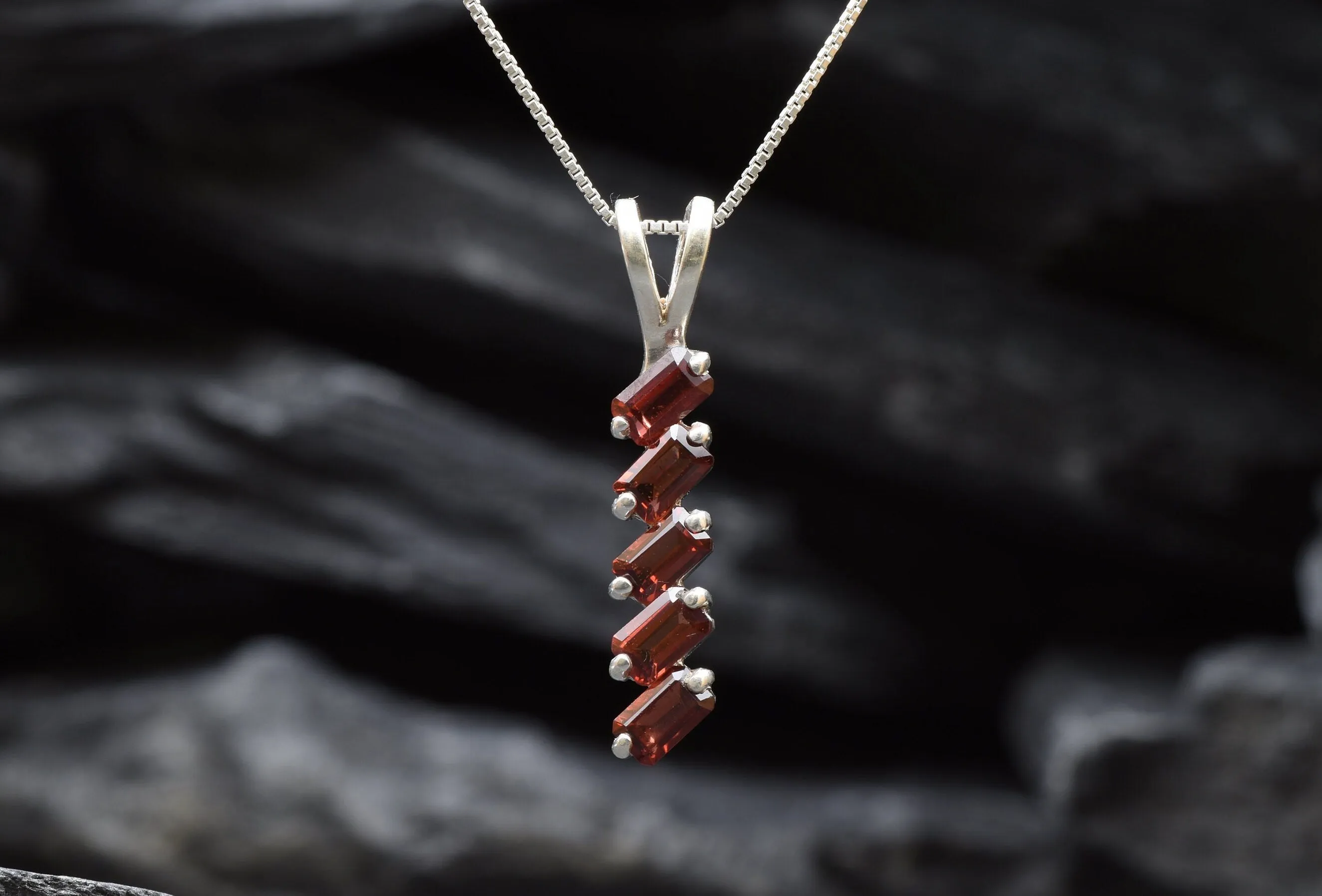 Vertical Garnet Necklace - Red Baguette Pendant - Silver Garnet Necklace