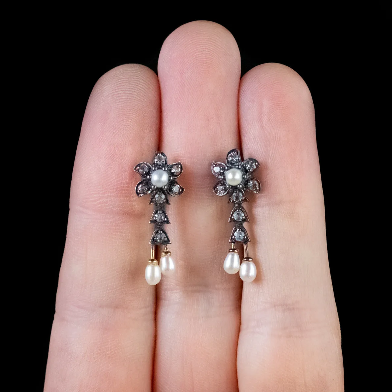Victorian Style Pearl Stud Earrings White Topaz 18ct Gold On Silver
