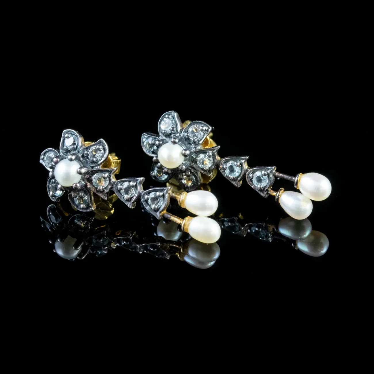 Victorian Style Pearl Stud Earrings White Topaz 18ct Gold On Silver