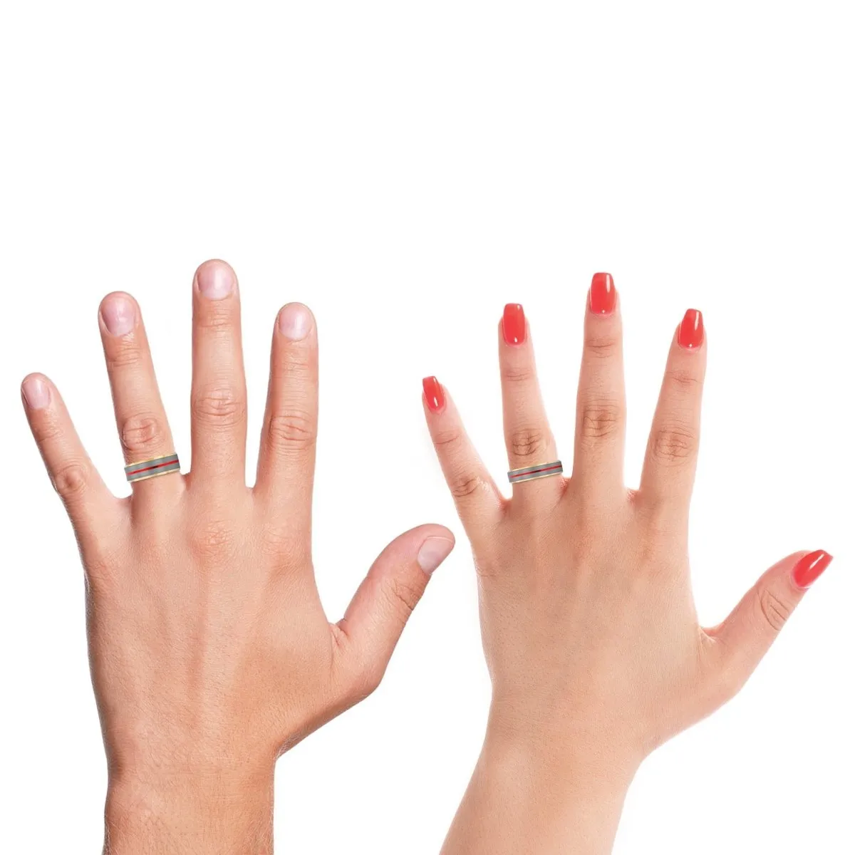 VINCENT | Blue & Yellow/Orange Wood, Silver Tungsten Ring, Red Groove, Gold Beveled Edge