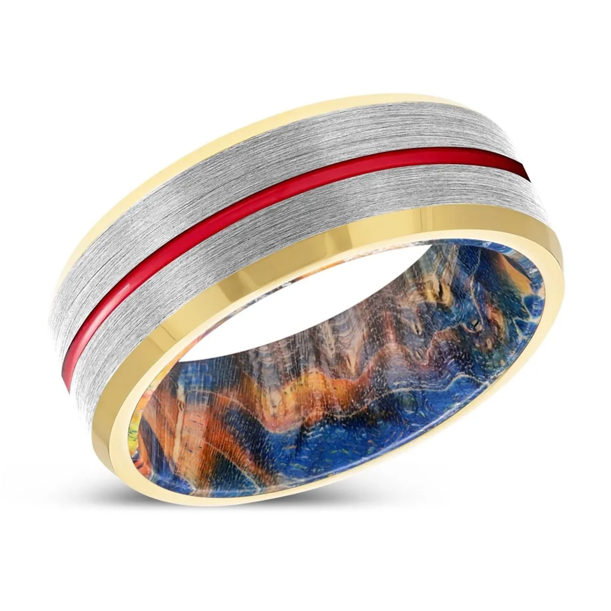 VINCENT | Blue & Yellow/Orange Wood, Silver Tungsten Ring, Red Groove, Gold Beveled Edge