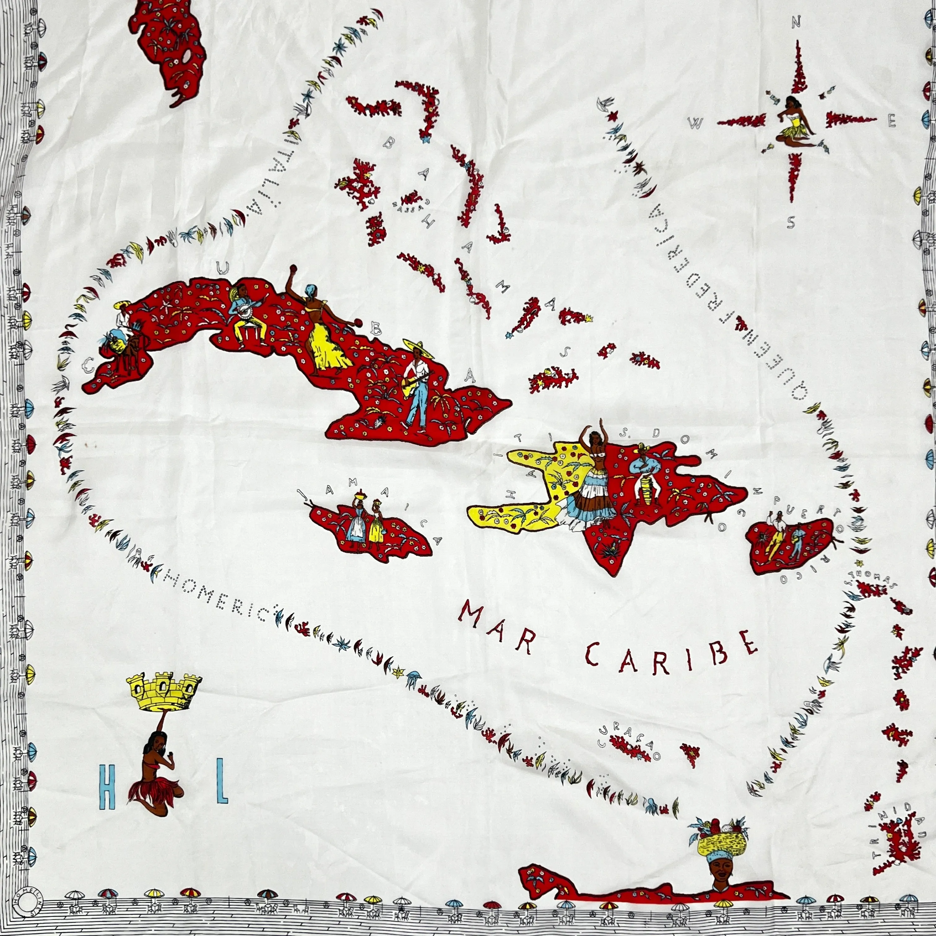 Vintage Caribbean Sea Silk Souvenir Scarf 35"