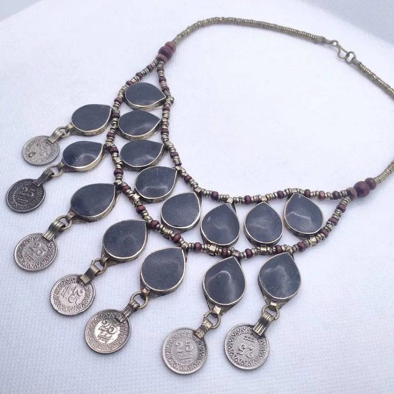 Vintage Dangle Coins and Stones Necklace