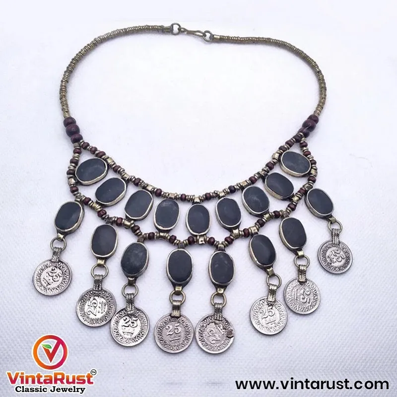 Vintage Dangle Coins and Stones Necklace