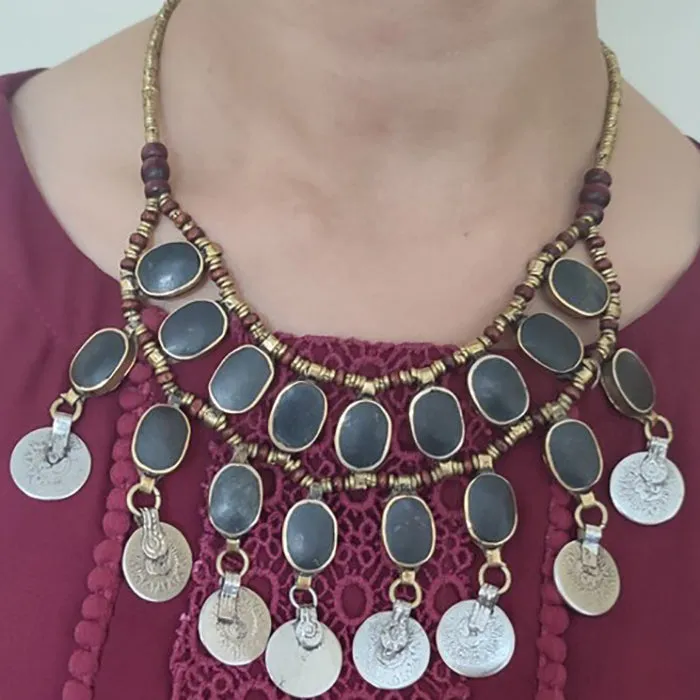 Vintage Dangle Coins and Stones Necklace