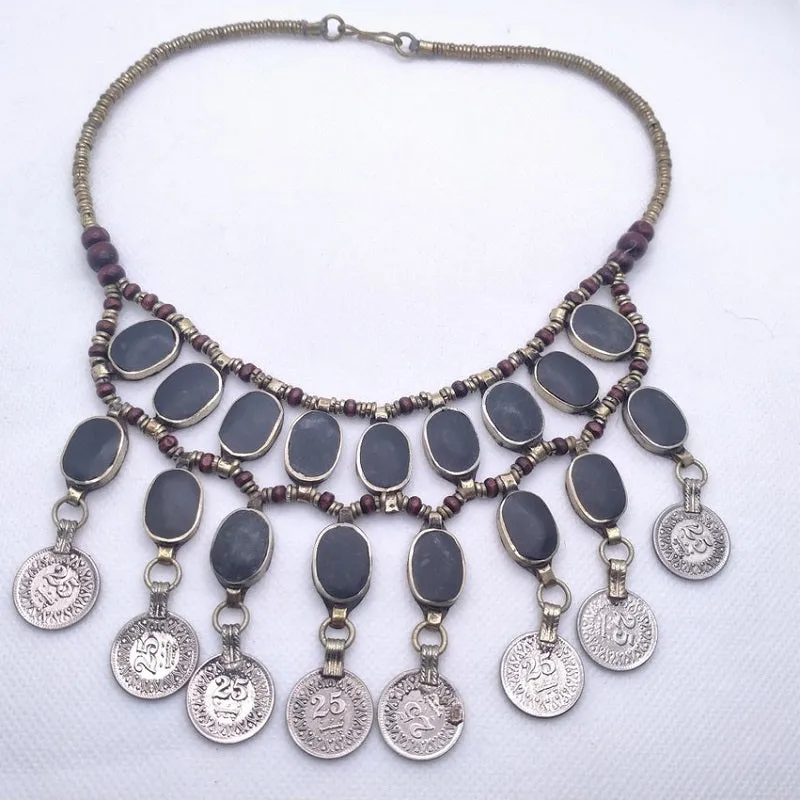 Vintage Dangle Coins and Stones Necklace