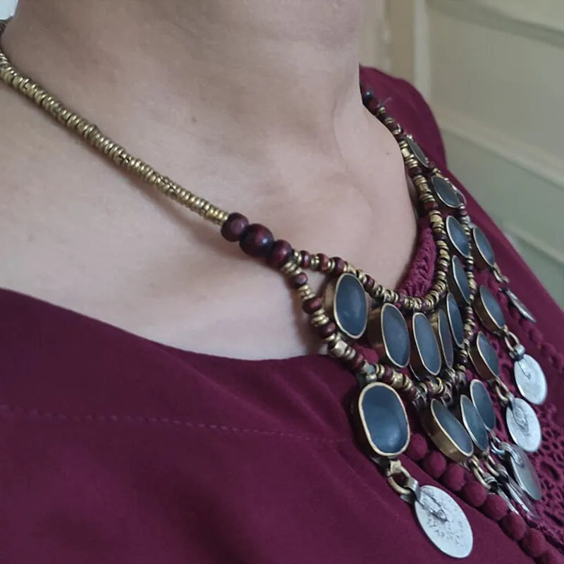 Vintage Dangle Coins and Stones Necklace