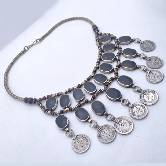 Vintage Dangle Coins and Stones Necklace