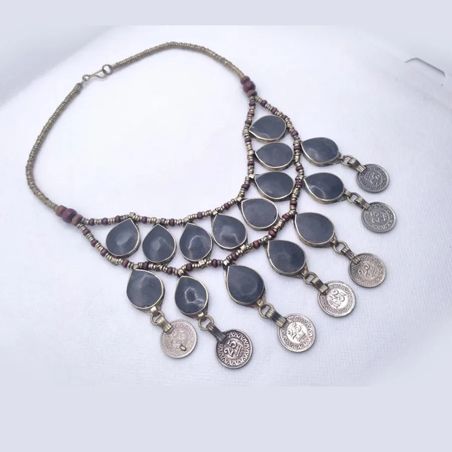 Vintage Dangle Coins and Stones Necklace