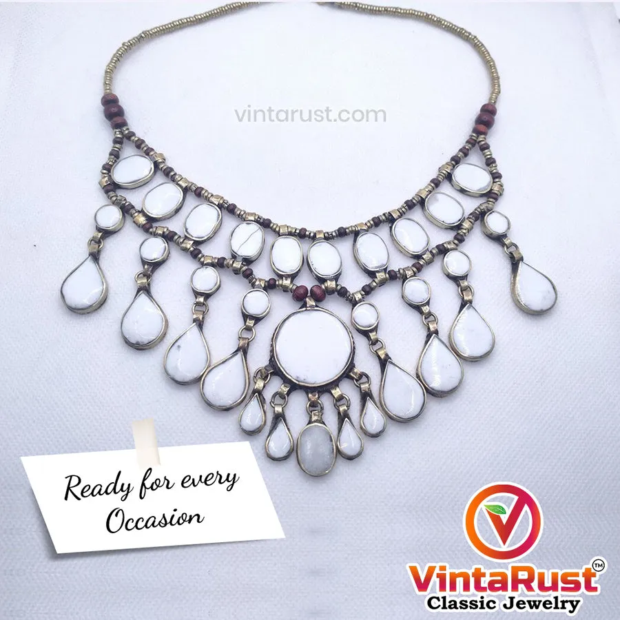 Vintage Tribal White Stone Bib Necklace