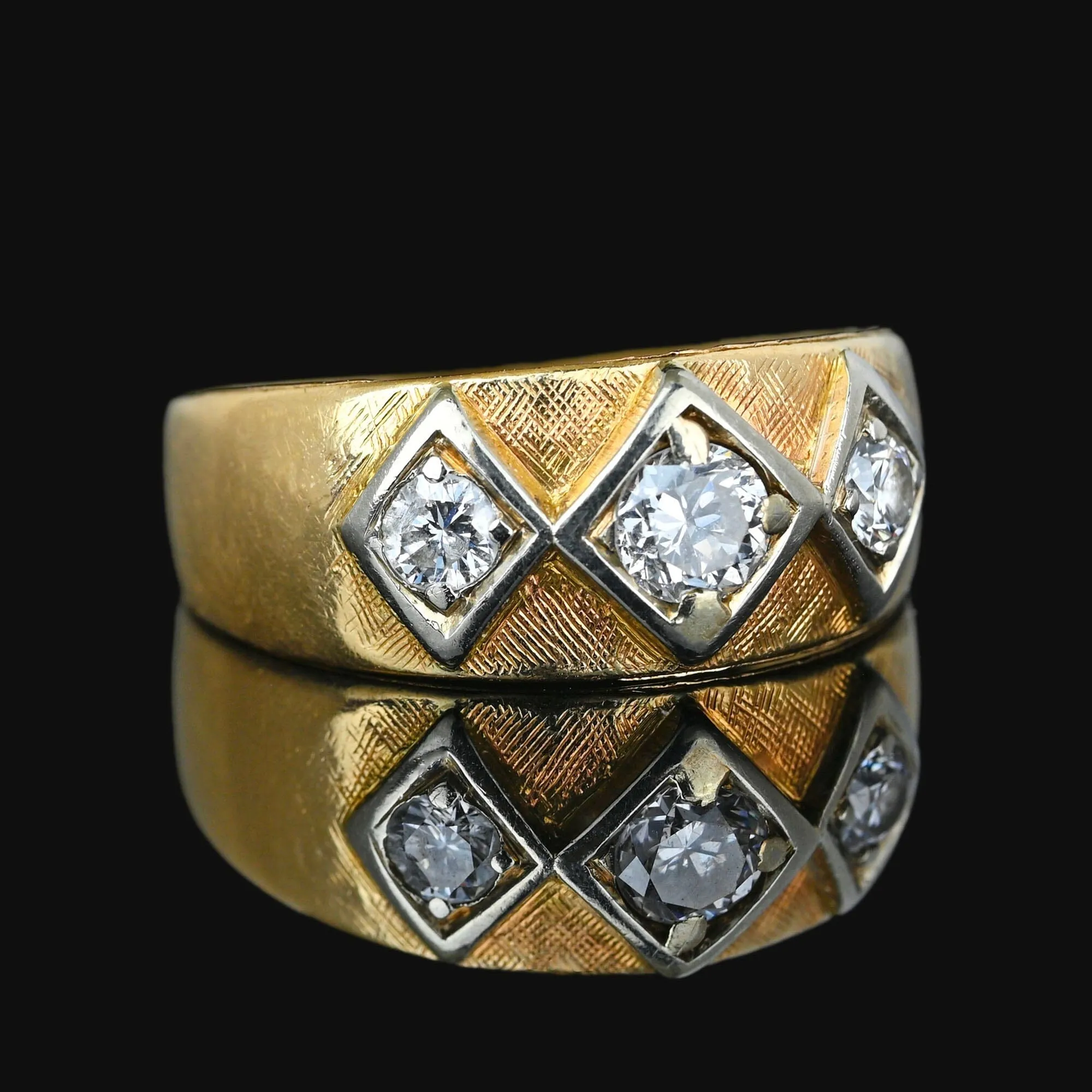 Vintage Wide 14K Gold Three Stone Diamond Ring Band