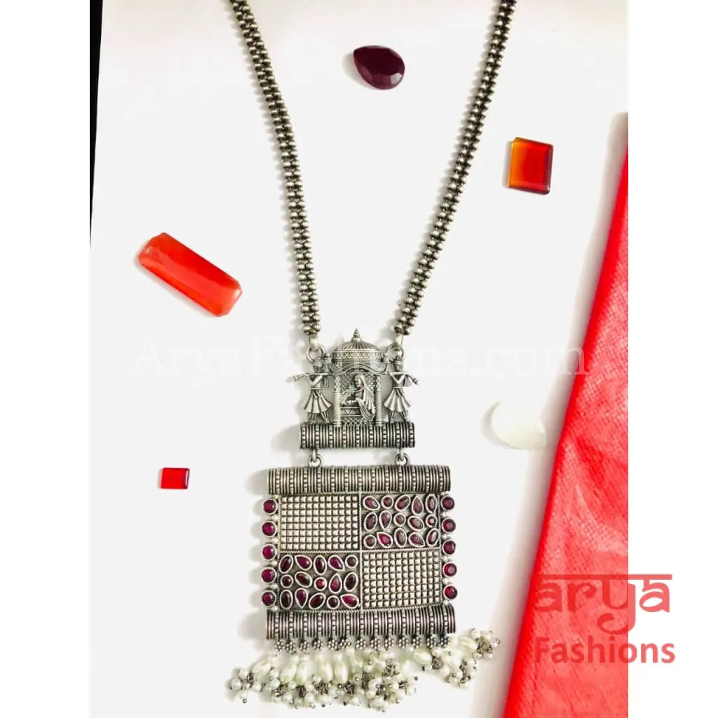 Wedding Theme Silver Oxidized Necklace Long Statement Necklace
