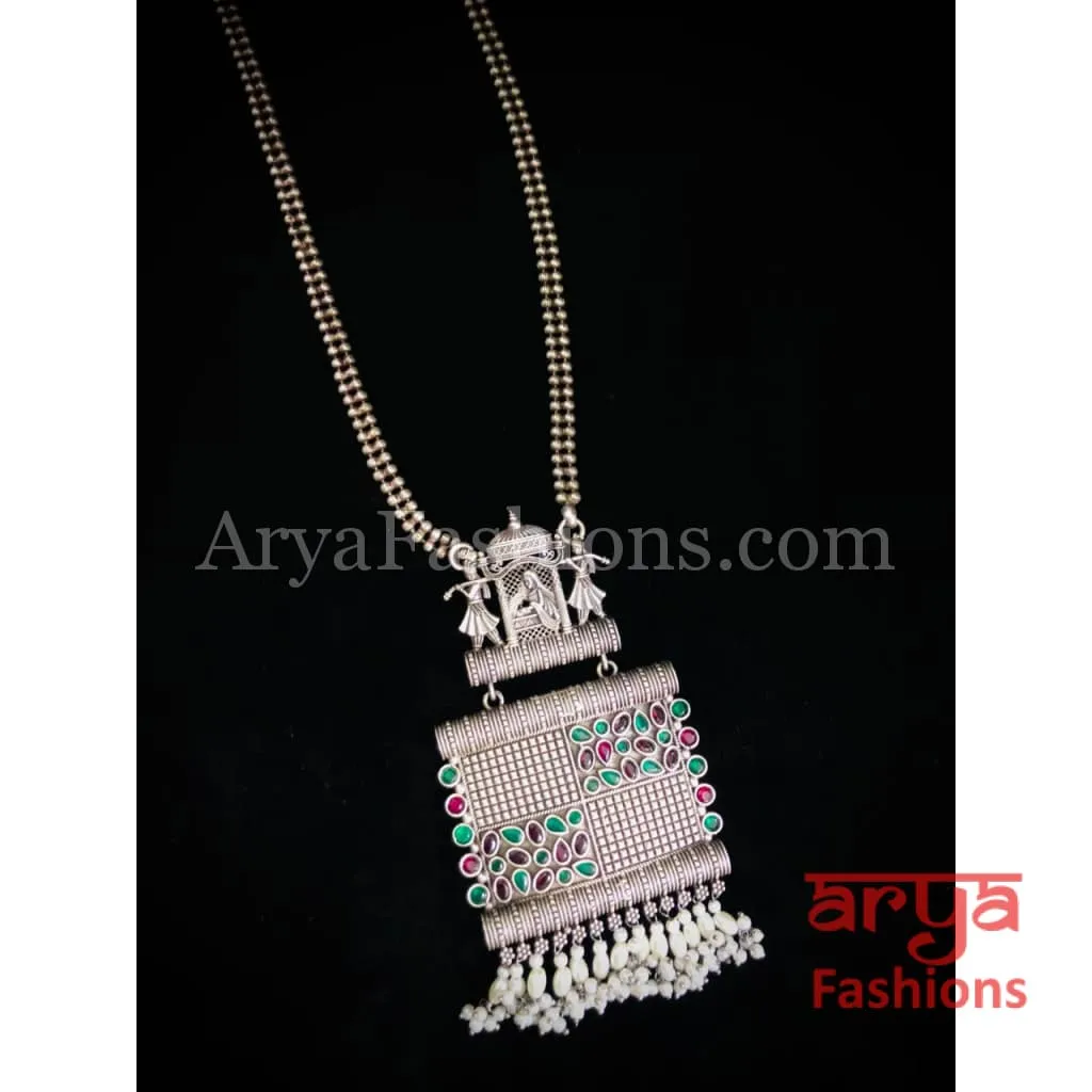 Wedding Theme Silver Oxidized Necklace Long Statement Necklace