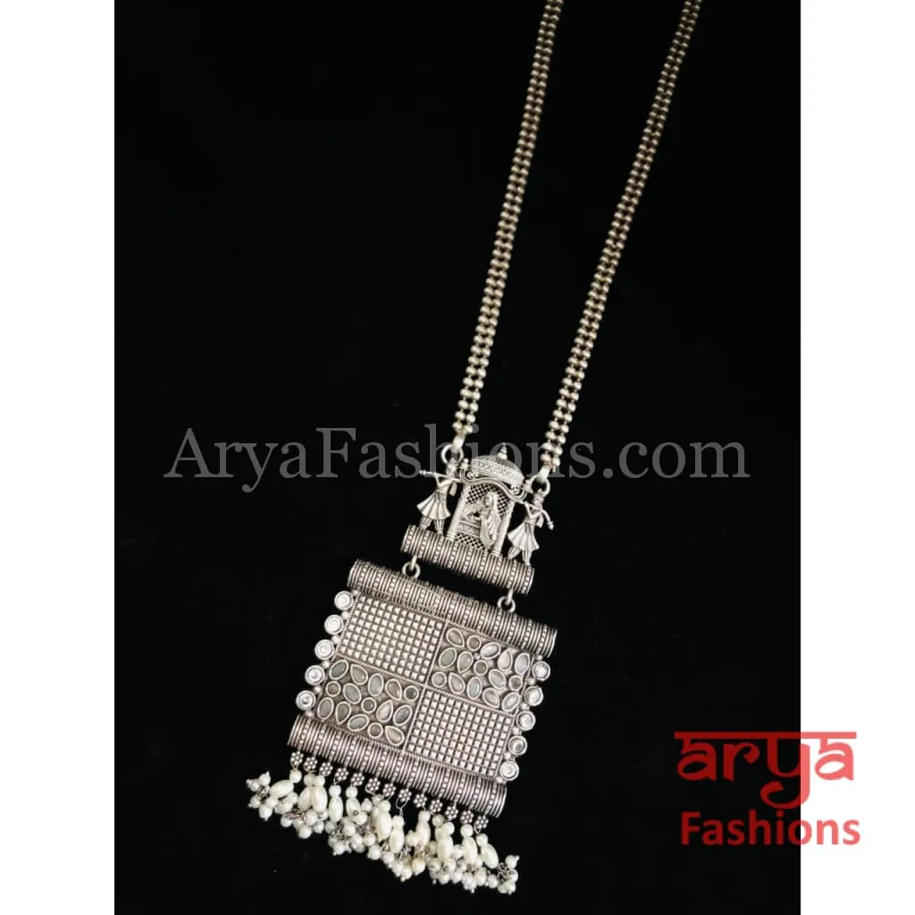 Wedding Theme Silver Oxidized Necklace Long Statement Necklace