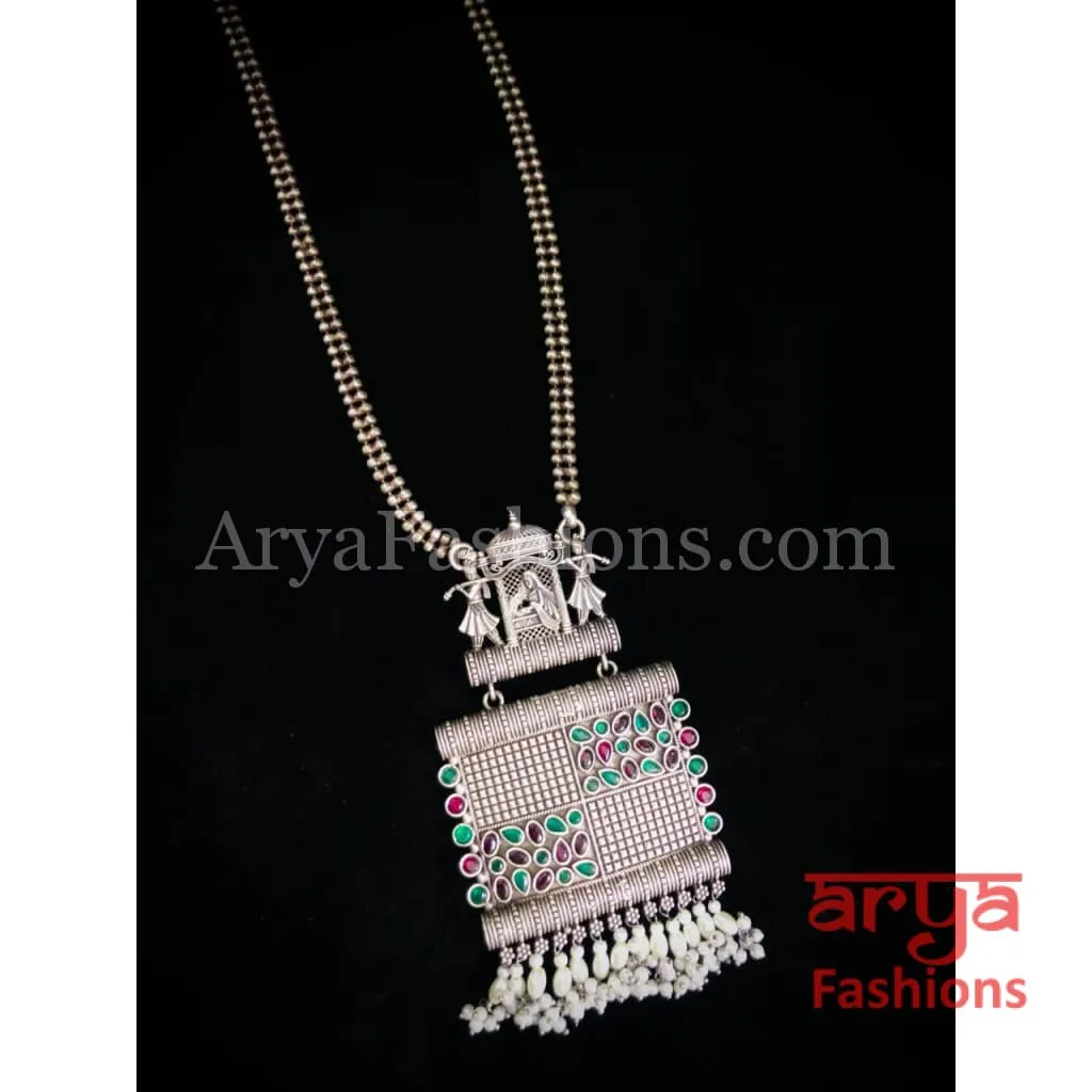 Wedding Theme Silver Oxidized Necklace Long Statement Necklace