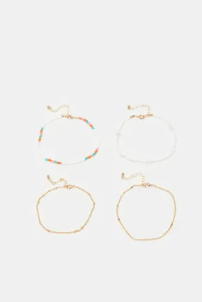 Women Assorted Embellished Anklets Set (4 Piece)