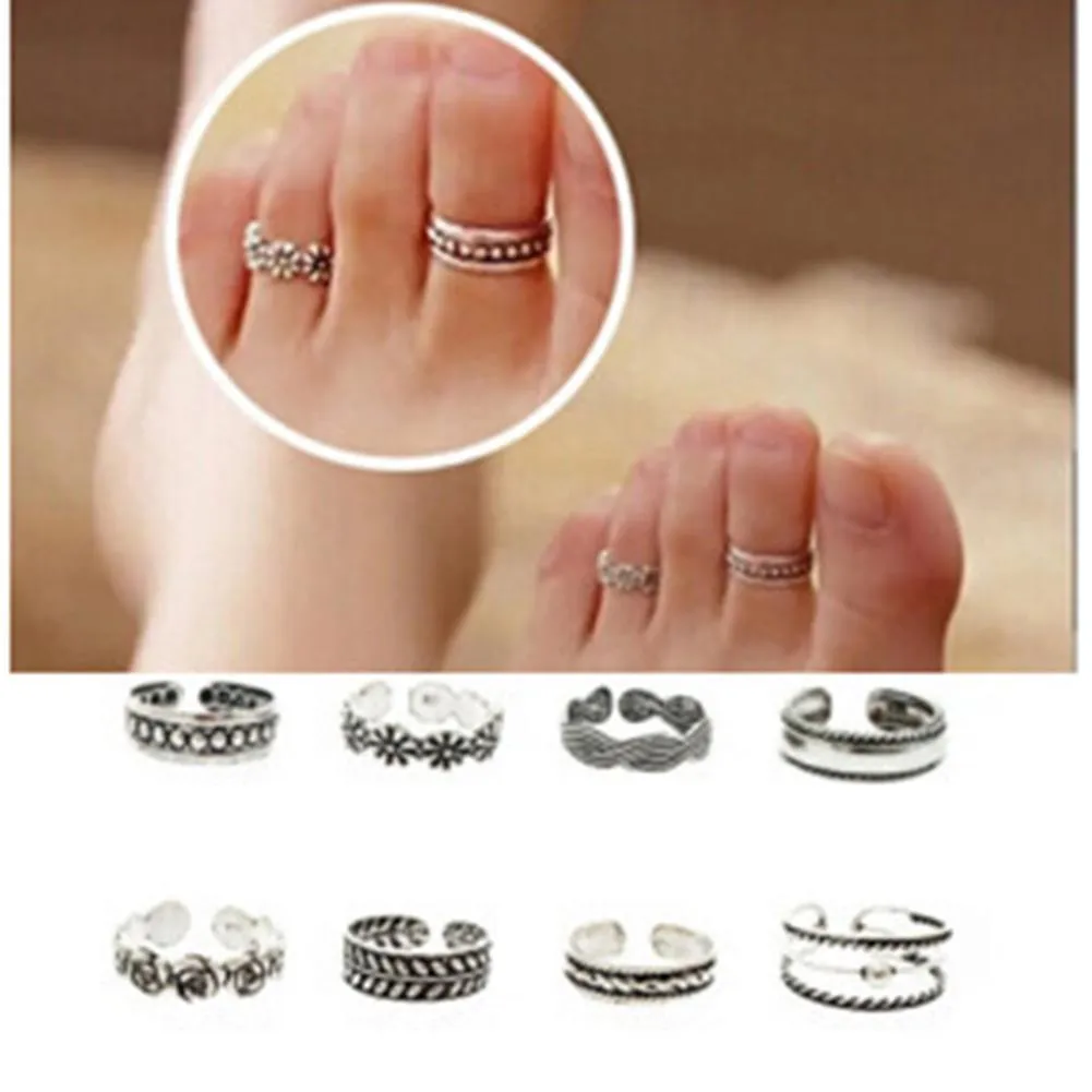 XIUFEN 2018 New Ring Sets Fashion Simple Retro Carved Flower Toe/Foot Finger Ring Women Jewelry