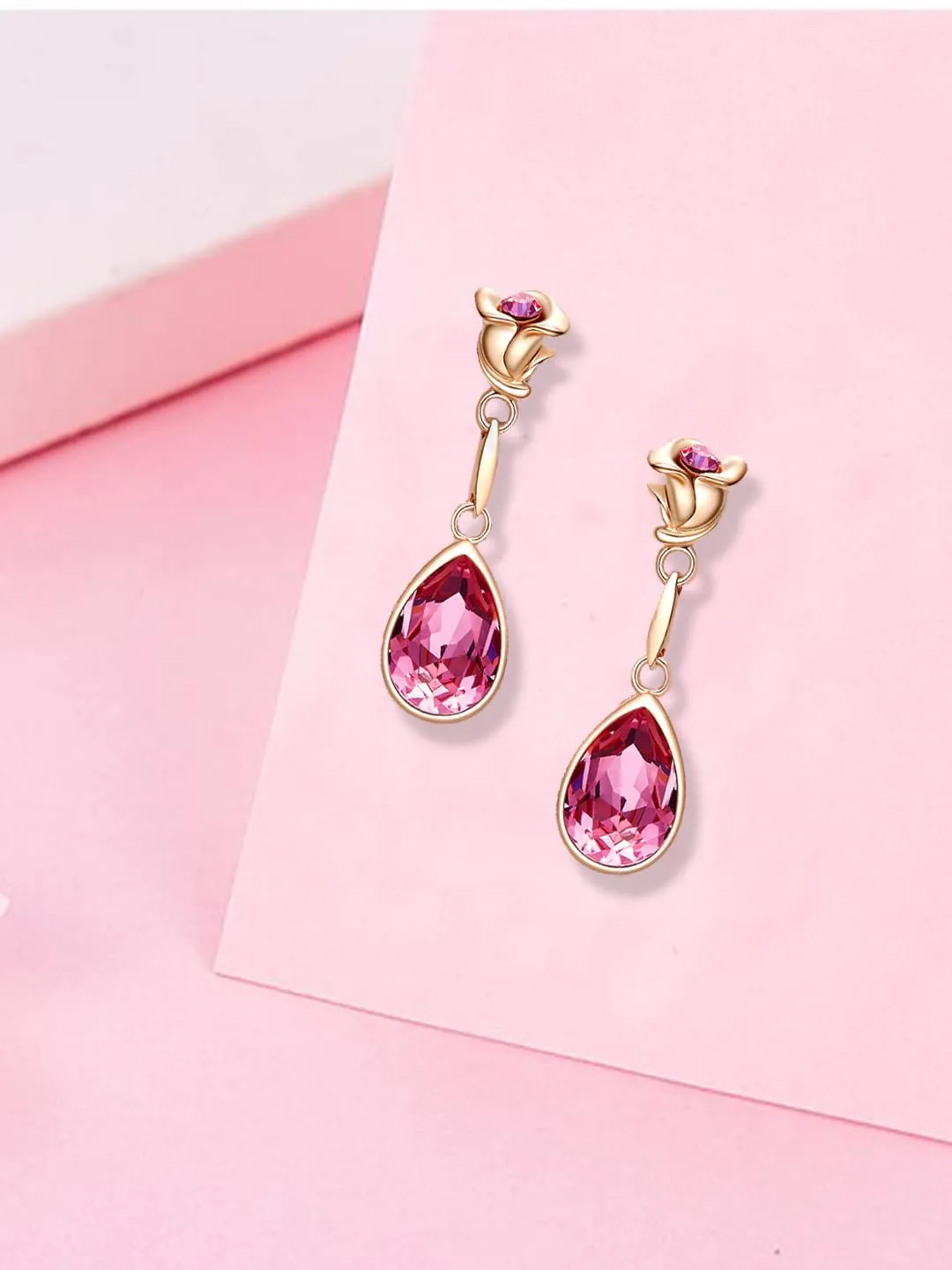 Yellow Chimes Earrings for Women and Girls Pink Crystals from Swarovski Drop Earrings | Rose Gold Plated Floral Drop Earrings for Women | Birthday Anniversary Gift for Wife Birthday Gift for Girls & Women