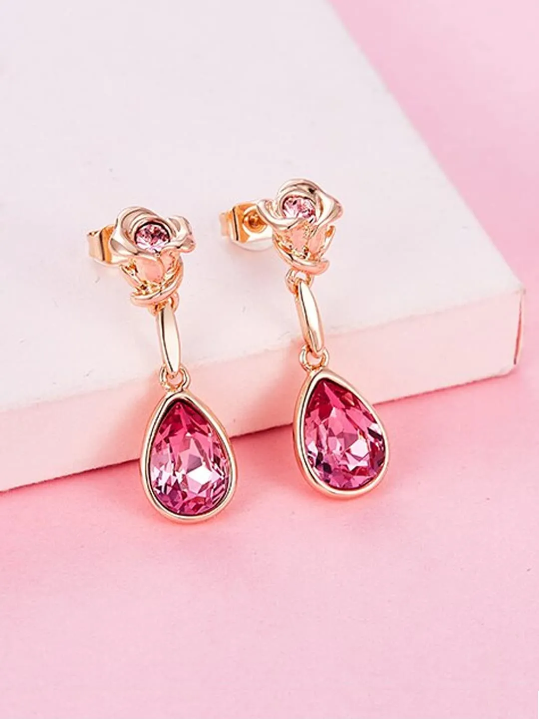 Yellow Chimes Earrings for Women and Girls Pink Crystals from Swarovski Drop Earrings | Rose Gold Plated Floral Drop Earrings for Women | Birthday Anniversary Gift for Wife Birthday Gift for Girls & Women