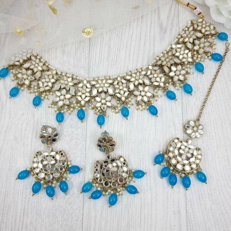 Zara Mirror Necklace Set - Sky Blue